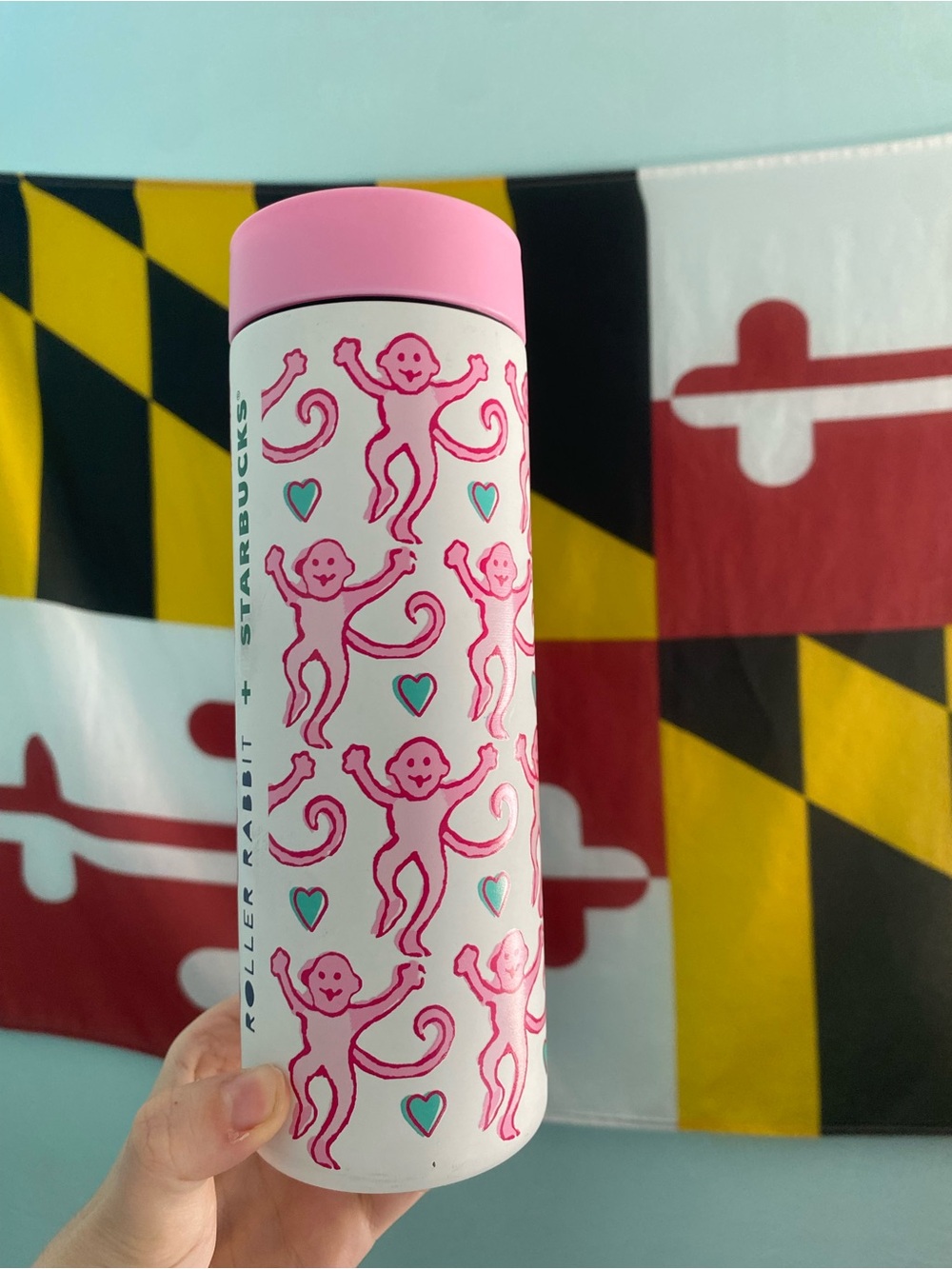 Starbucks White & Pink Monkey Pattern Tumbler